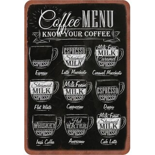 Schild Spruch "Coffee Menu, know your coffee" 20 x 30 cm Blechschild