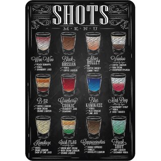 Schild Spruch "Shots Menu, Woo Woo, Black Russian, Silver Bullet" 20 x 30 cm Blechschild