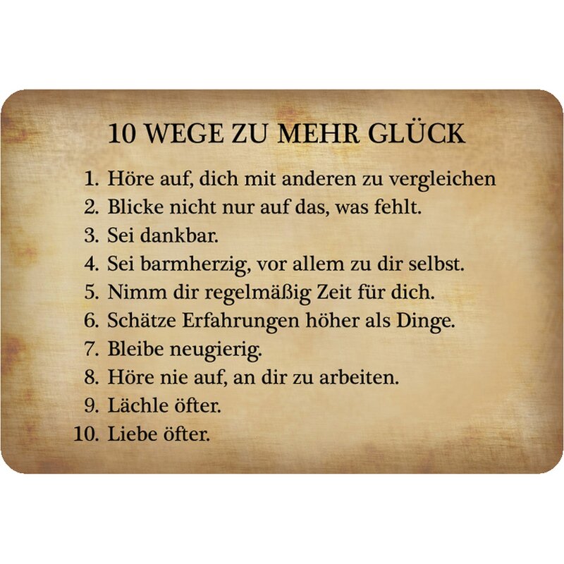 Schild Spruch "10 Wege zu mehr Glück, sei dankbar" 20 x 30 cm Blechsc